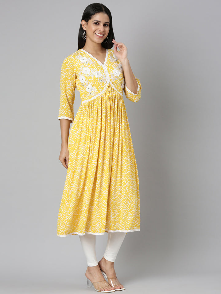 Neerus Mustard Straight Casual Floral Anarkali Kurtas
