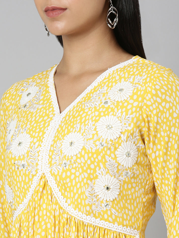 Neerus Mustard Straight Casual Floral Anarkali Kurtas