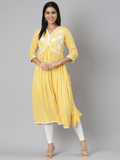 Neerus Mustard Straight Casual Floral Anarkali Kurtas