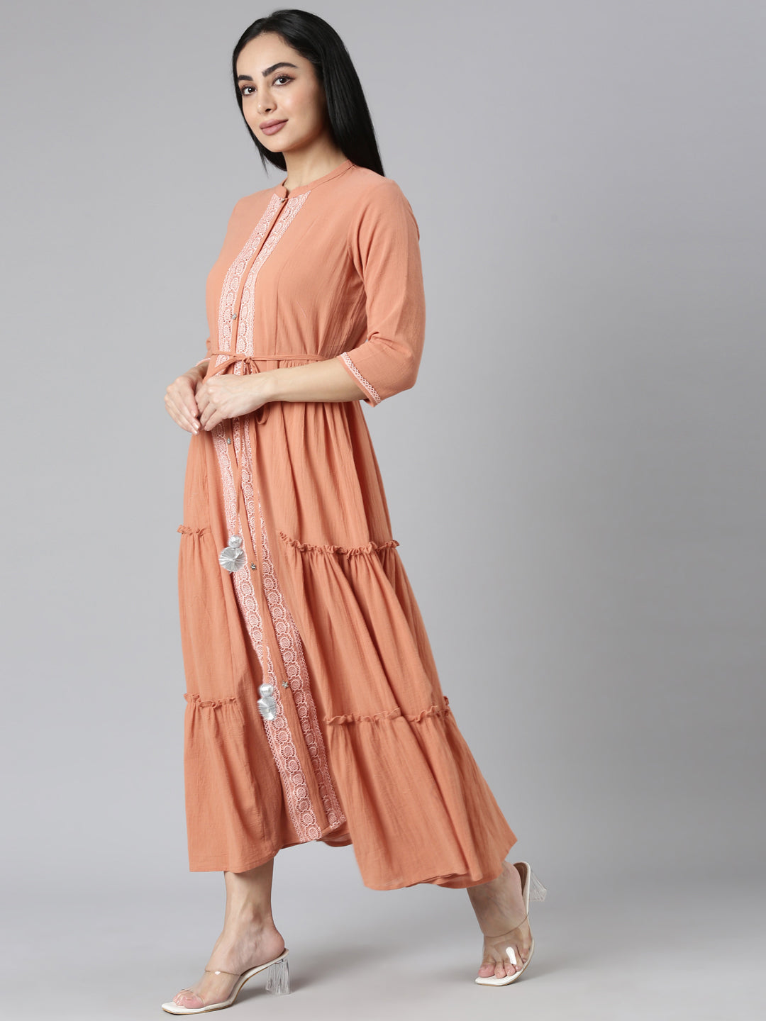 Rust 2604 Neerus Orange Solid Chiffon Flared Maxi Dress for Casual Women – Neerus ...