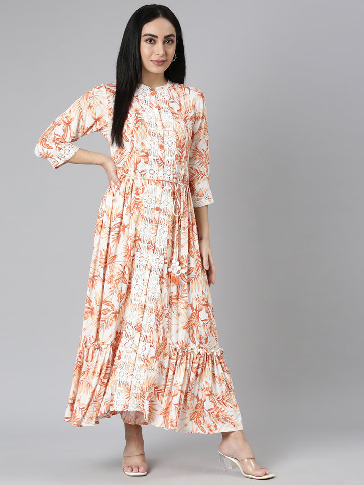 Neerus Orange Flared Casual Floral Maxi Dresses