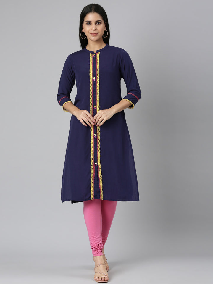 Neerus Blue Straight Casual Solid Straight Kurtas