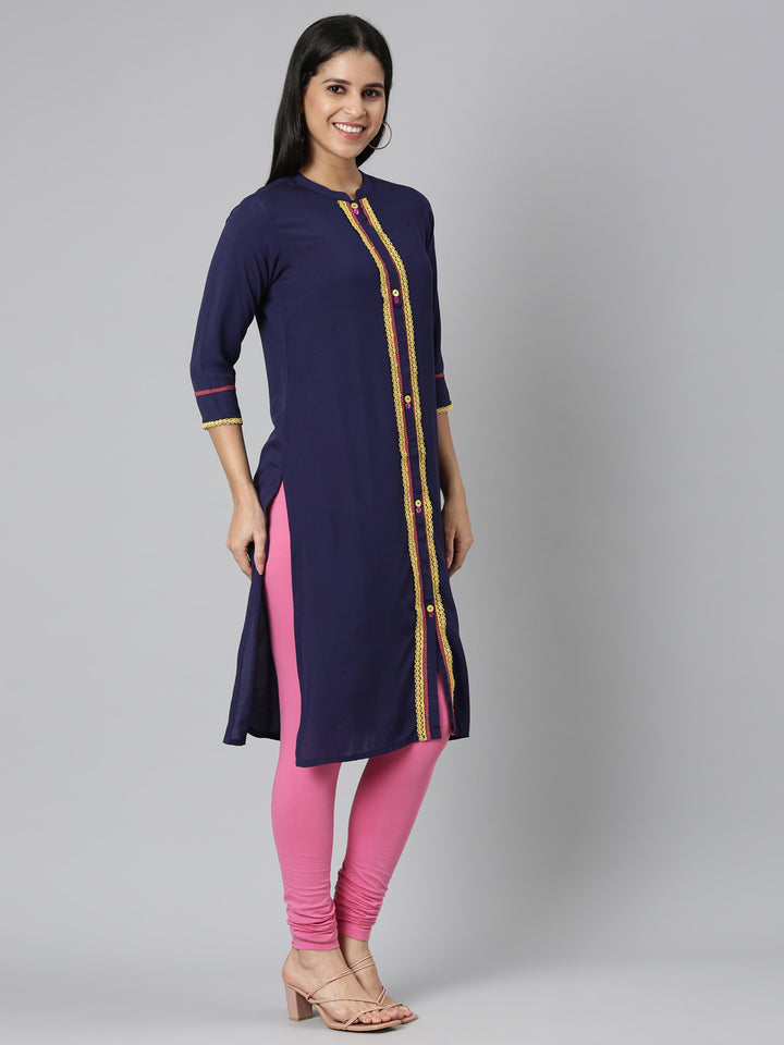 Neerus Blue Straight Casual Solid Straight Kurtas