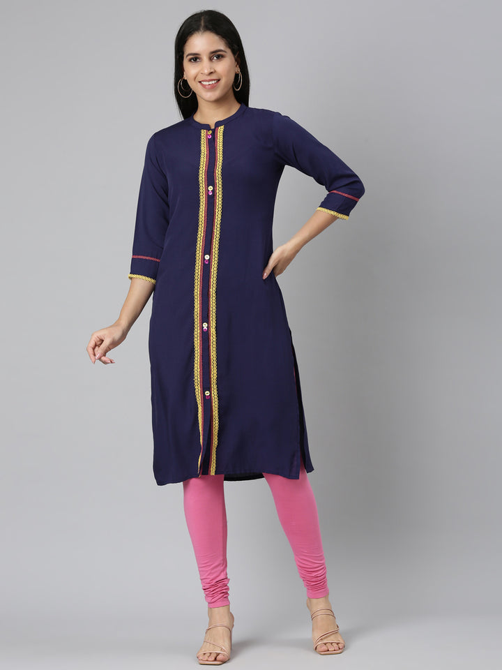 Neerus Blue Straight Casual Solid Straight Kurtas