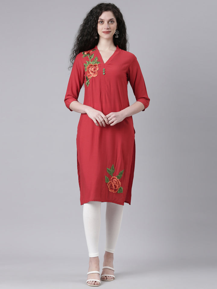 Neerus Maroon Casual Solid Straight Kurtas