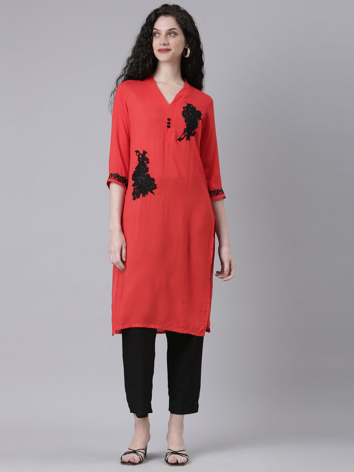 Neerus Red Casual Solid Straight Kurtas
