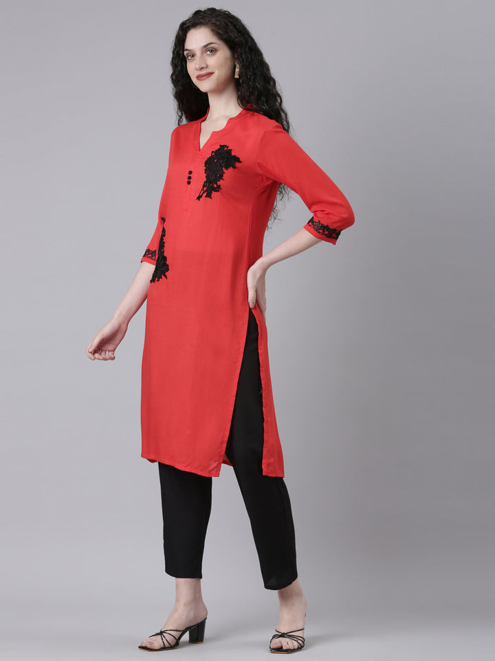 Neerus Red Casual Solid Straight Kurtas