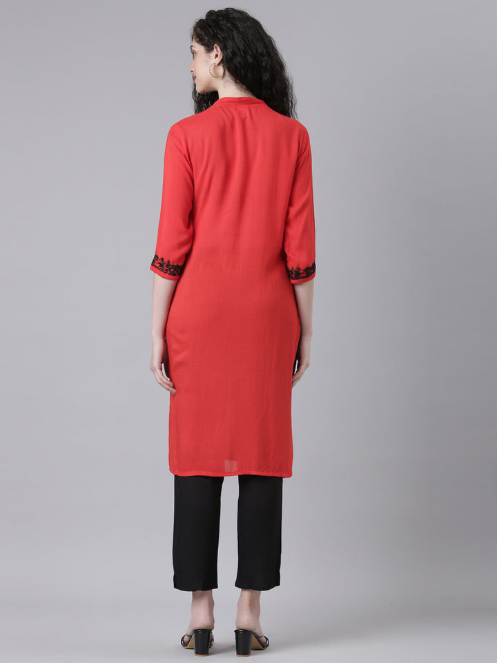 Neerus Red Casual Solid Straight Kurtas