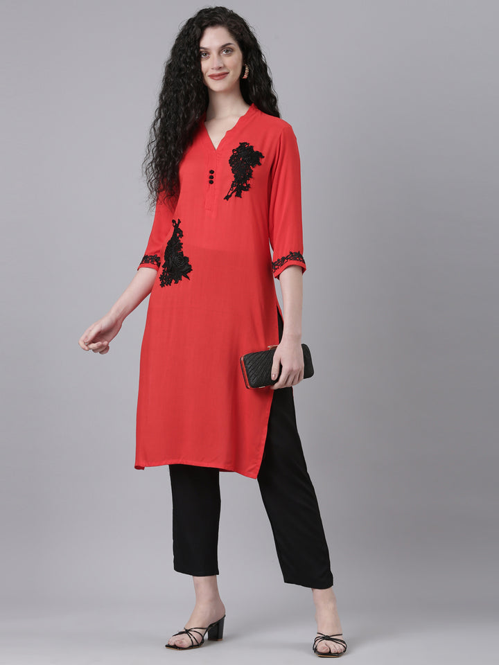 Neerus Red Casual Solid Straight Kurtas