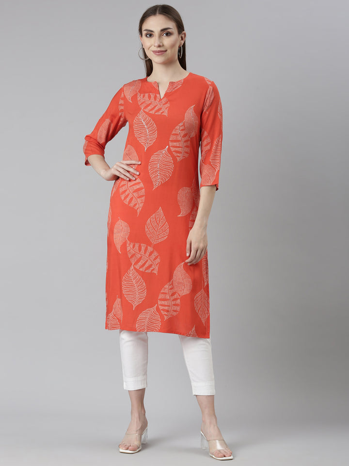 Neerus Orange Regular Straight Tribal Kurta