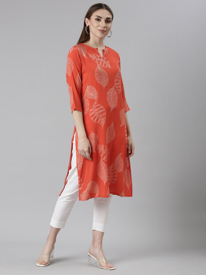 Neerus Orange Regular Straight Tribal Kurta