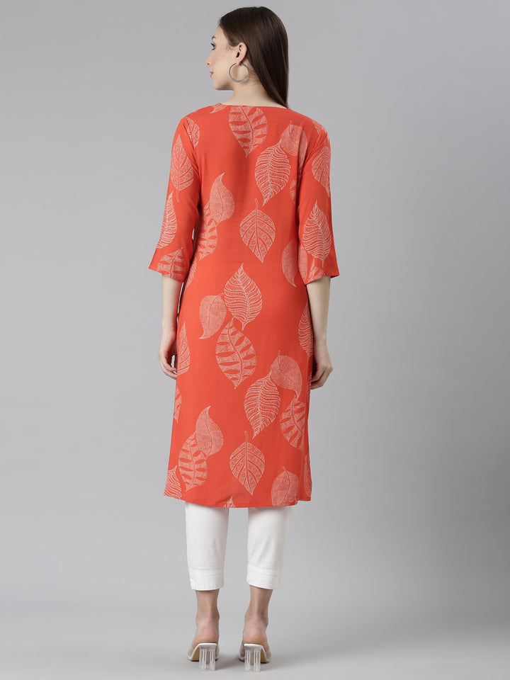 Neerus Orange Regular Straight Tribal Kurta