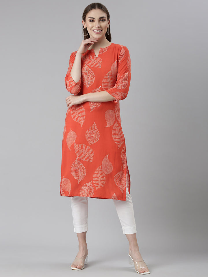 Neerus Orange Regular Straight Tribal Kurta