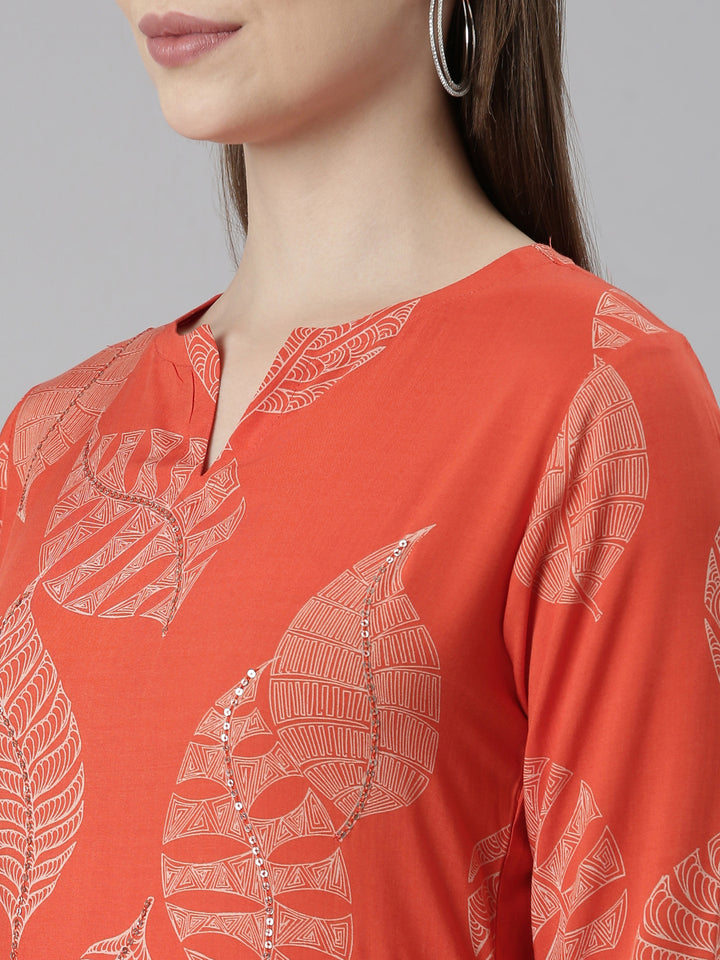 Neerus Orange Regular Straight Tribal Kurta