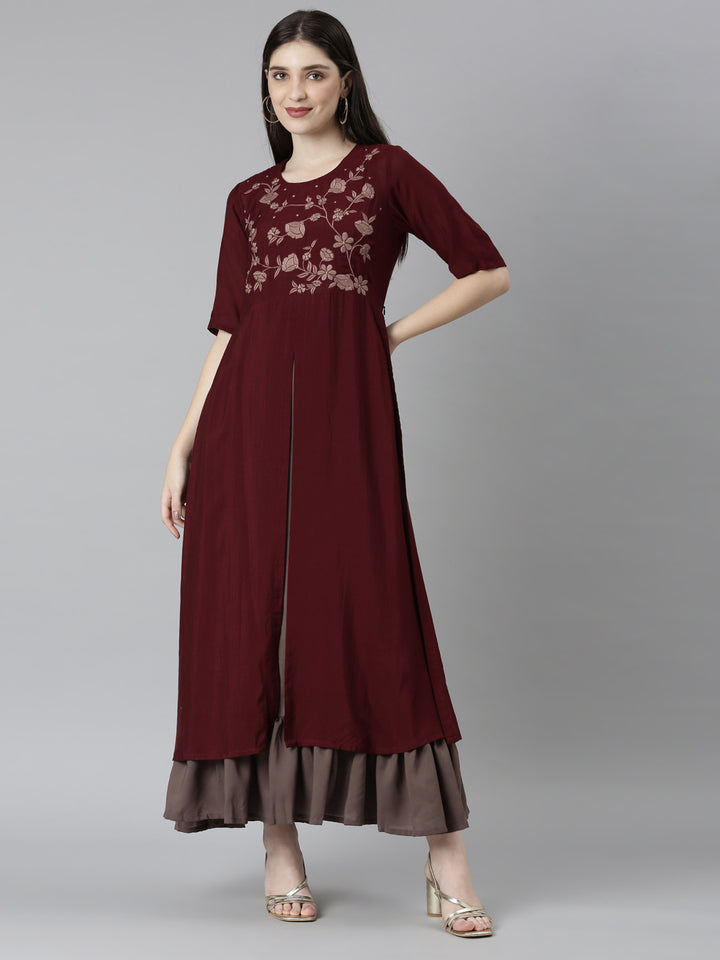 Neerus Brown Straight Casual Floral Dresses