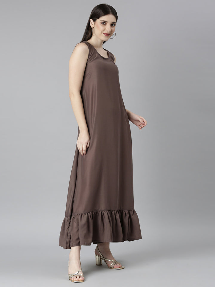 Neerus Brown Straight Casual Floral Dresses