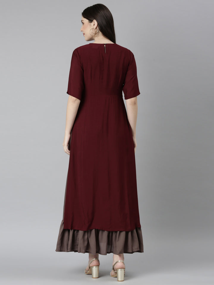 Neerus Brown Straight Casual Floral Dresses