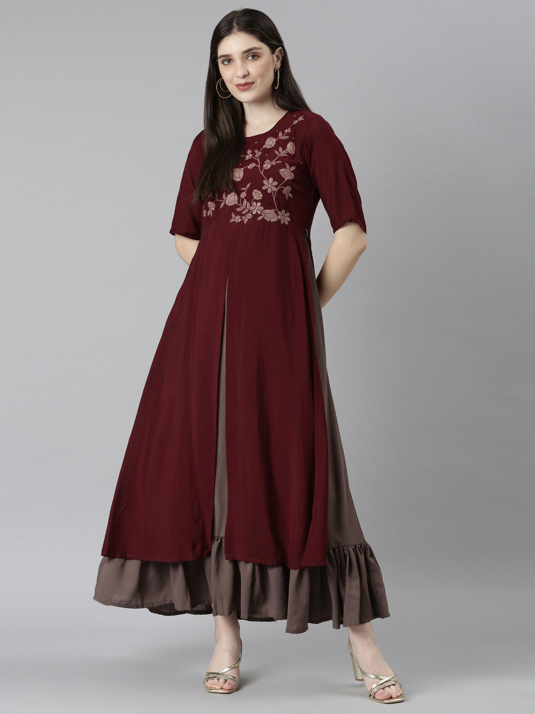 Neeru's Brown Straight Casual Floral Dresses