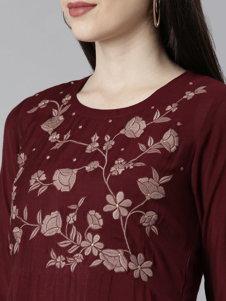 Neerus Brown Straight Casual Floral Dresses