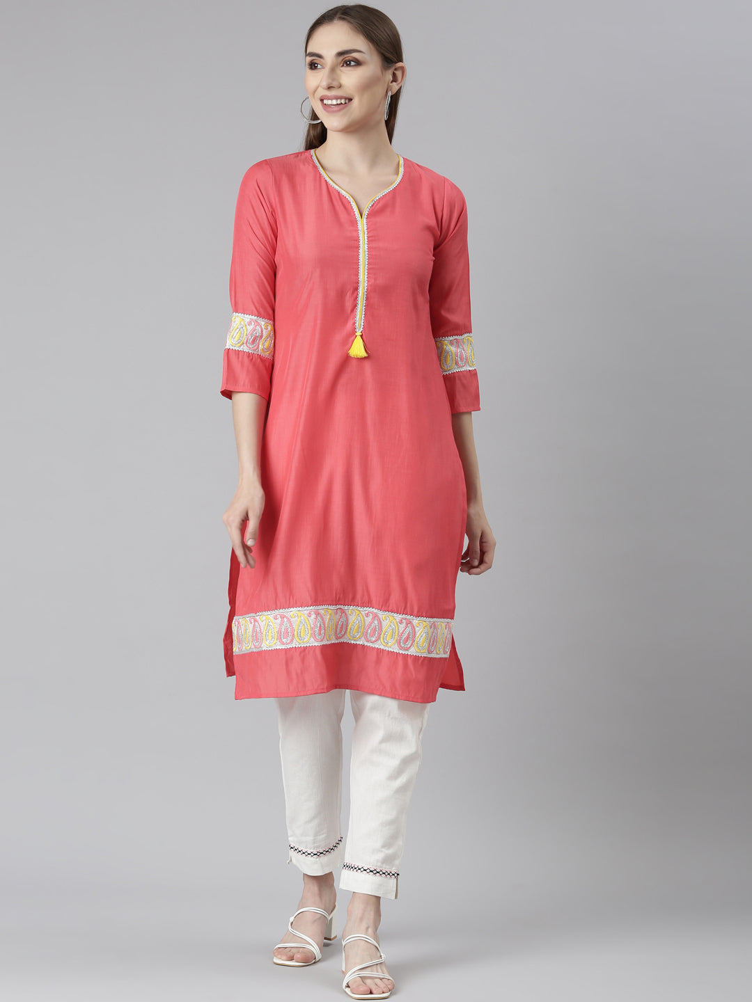 Neerus Orange Regular Straight Solid Kurtas