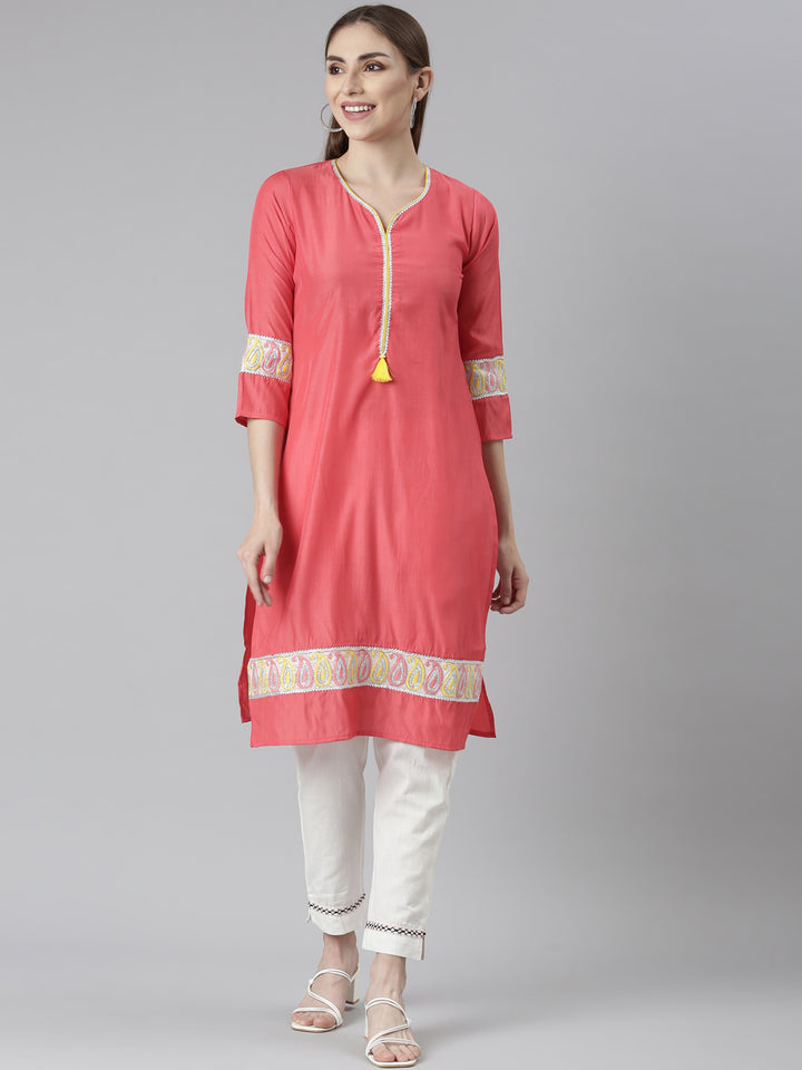 Neerus Orange Regular Straight Solid Kurtas