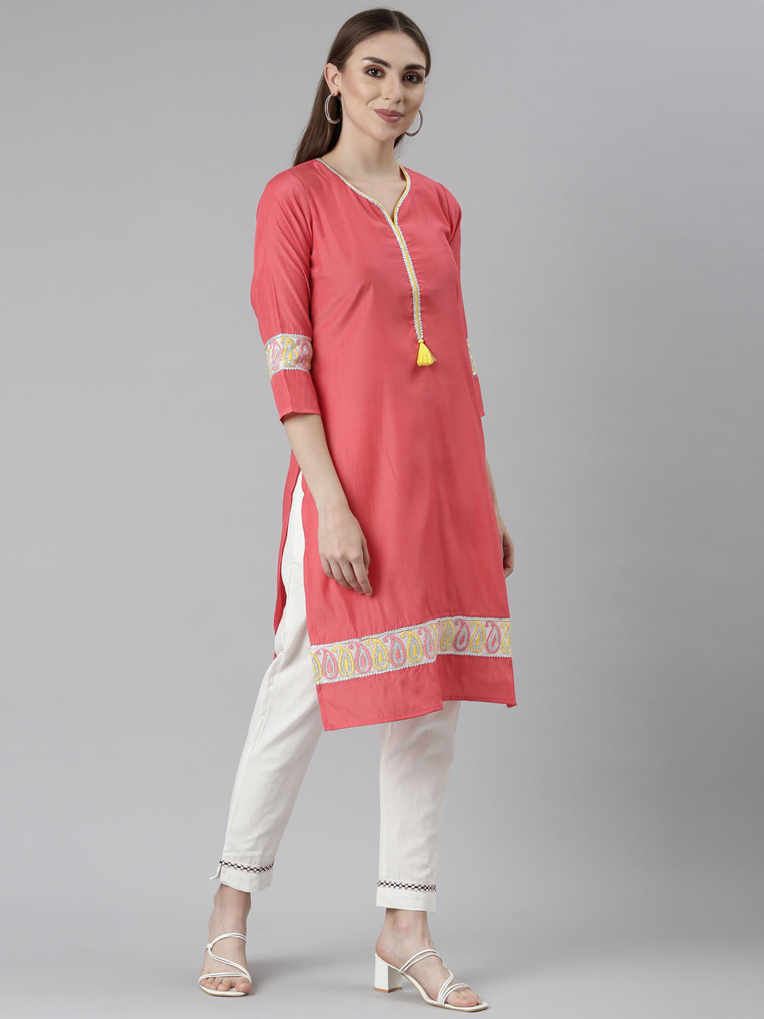 Neerus Orange Regular Straight Solid Kurtas