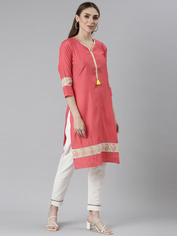 Neerus Orange Regular Straight Solid Kurtas