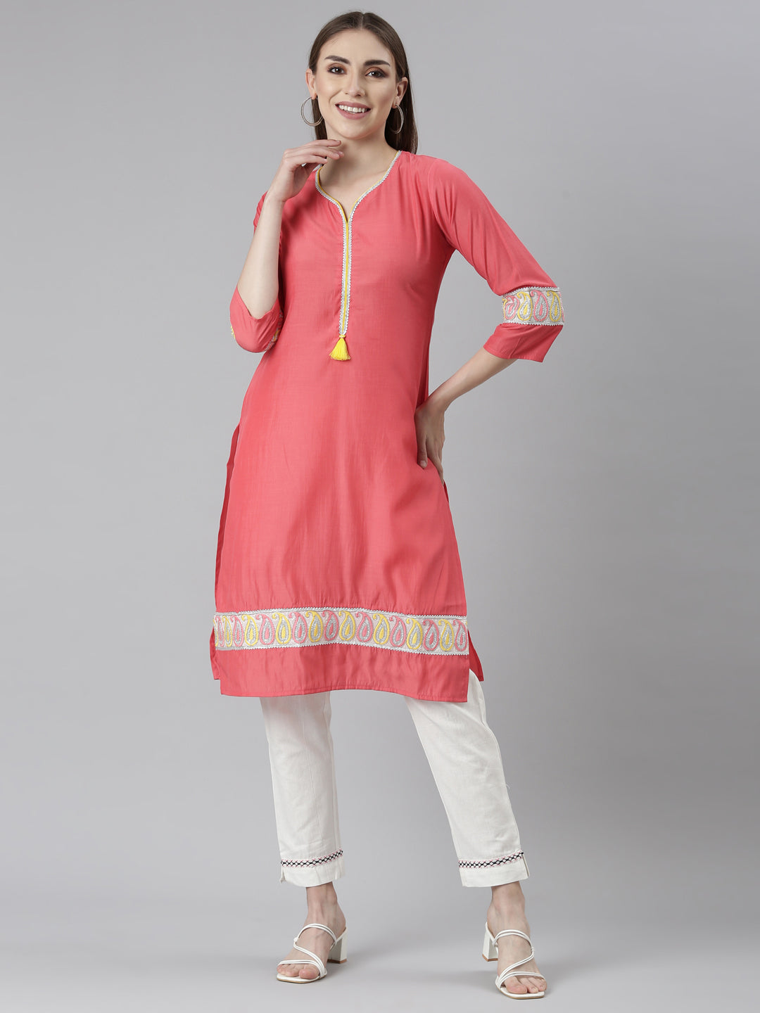 Neerus Orange Regular Straight Solid Kurtas