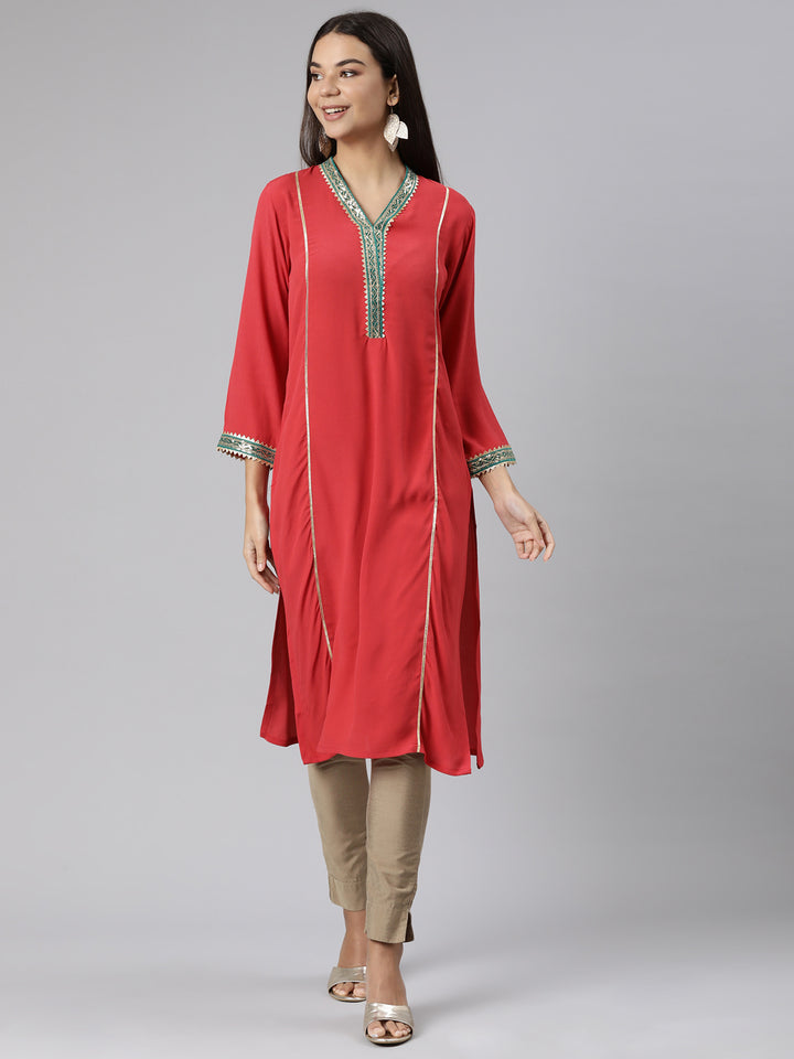 Neerus Red Regular Straight Solid Kurtas