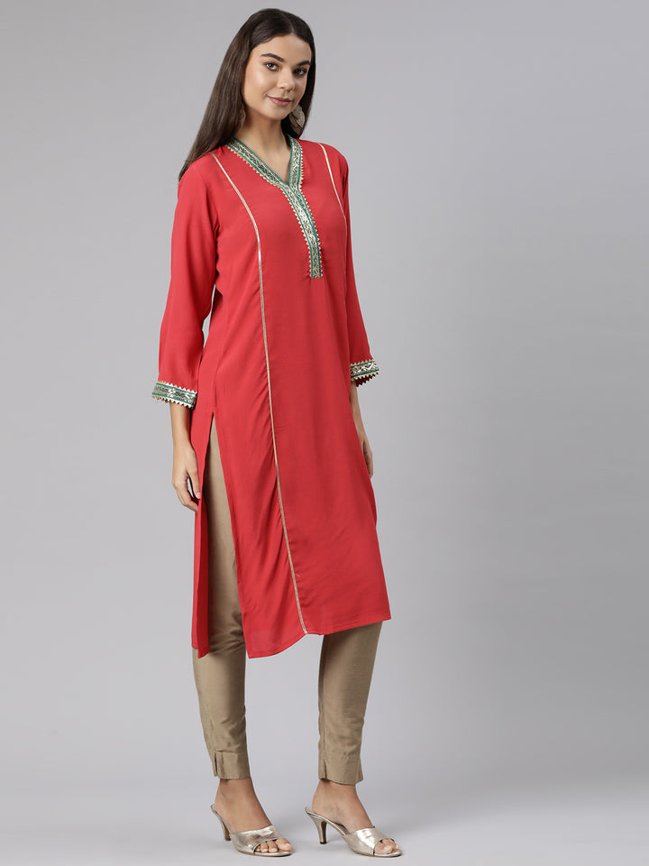 Neerus Red Regular Straight Solid Kurtas