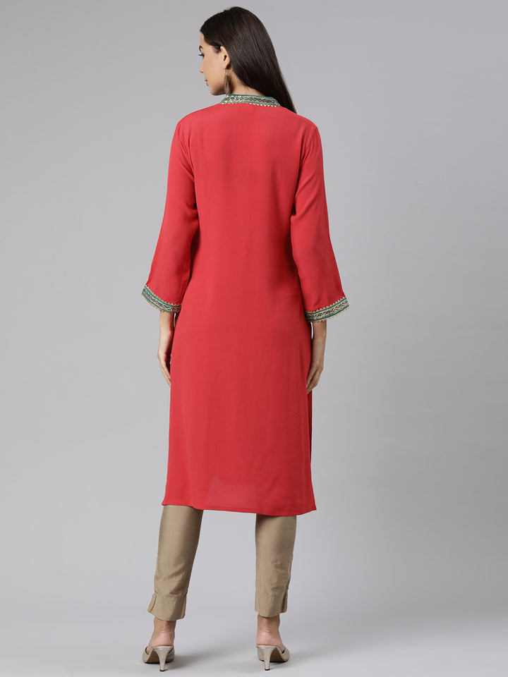 Neerus Red Regular Straight Solid Kurtas
