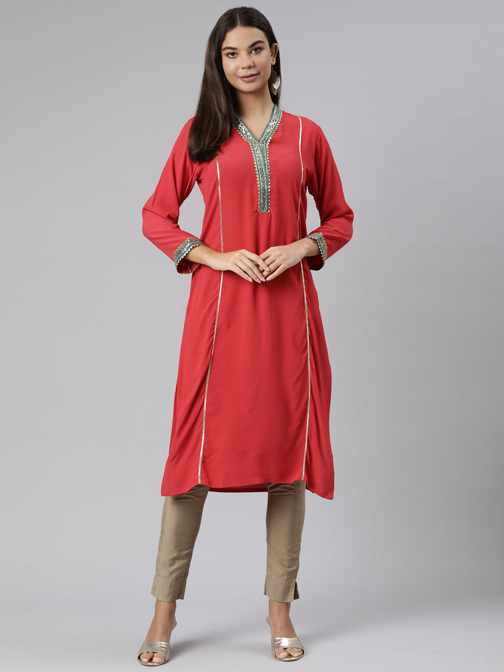 Neerus Red Regular Straight Solid Kurtas