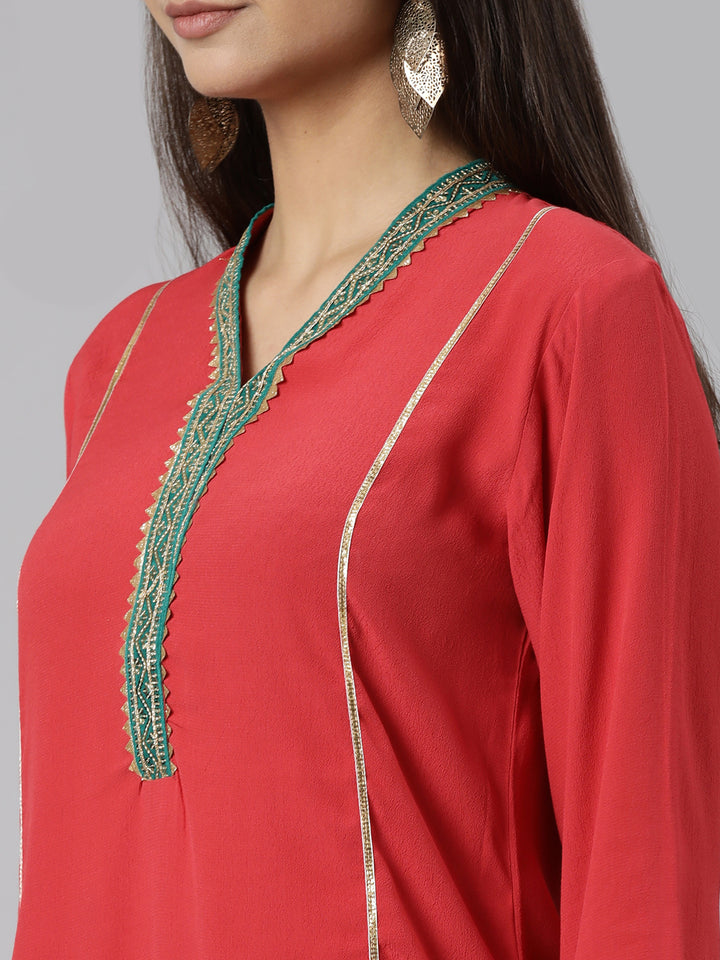 Neerus Red Regular Straight Solid Kurtas