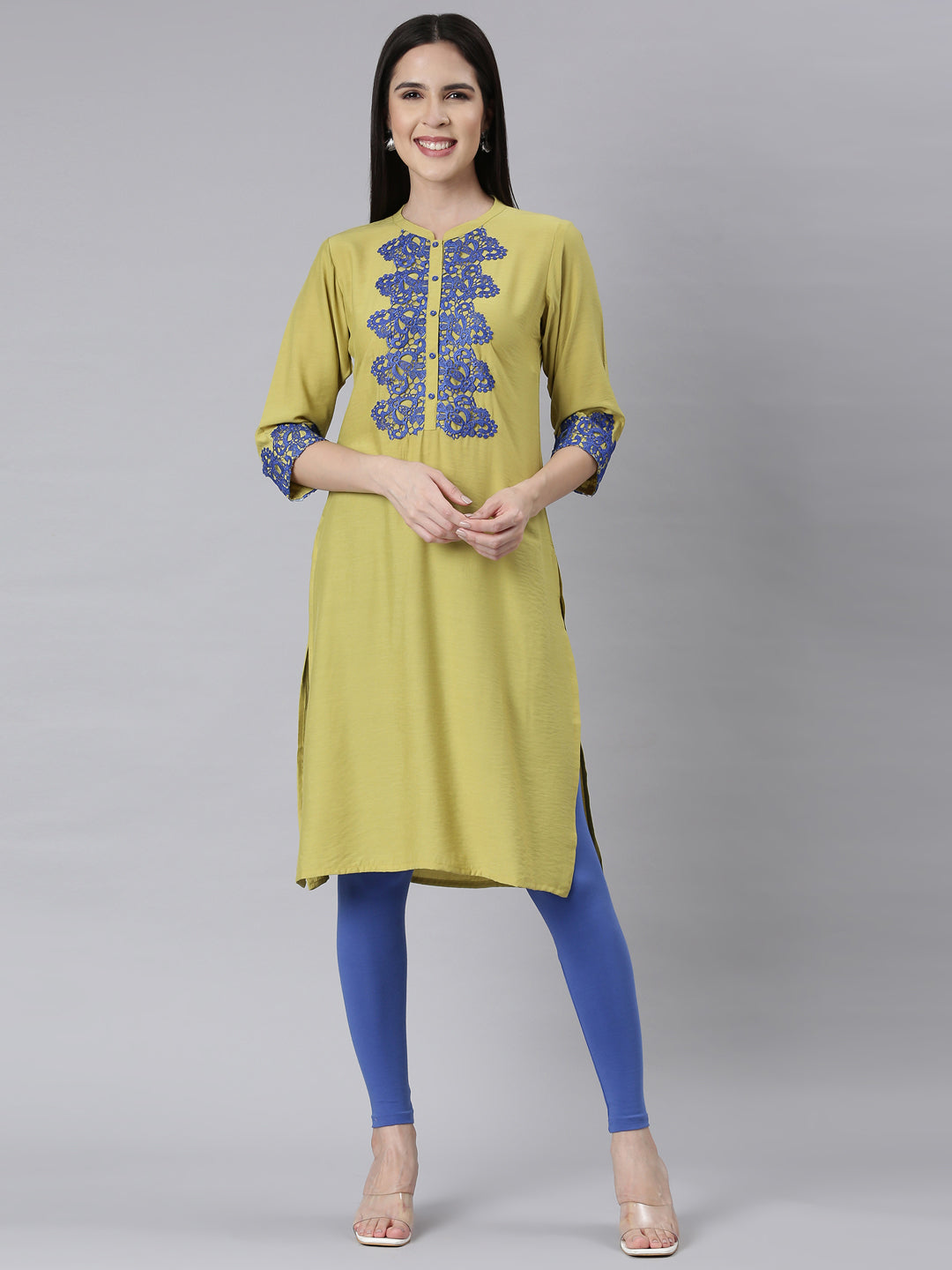 Neerus Green crepe embellished straight kurti - front view