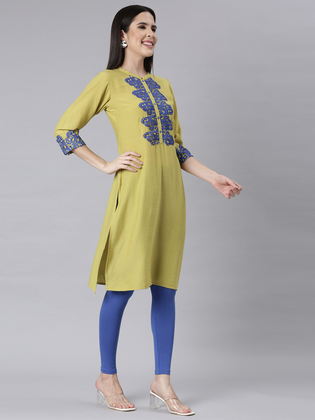Neerus Green crepe embellished straight kurti - back view