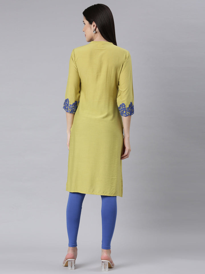 Neerus Green crepe embellished straight kurti - side view