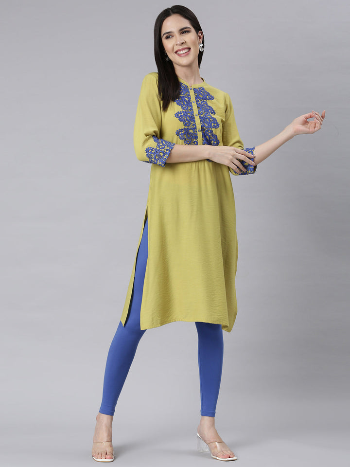 Neerus Green crepe embellished straight kurti - detail view 1