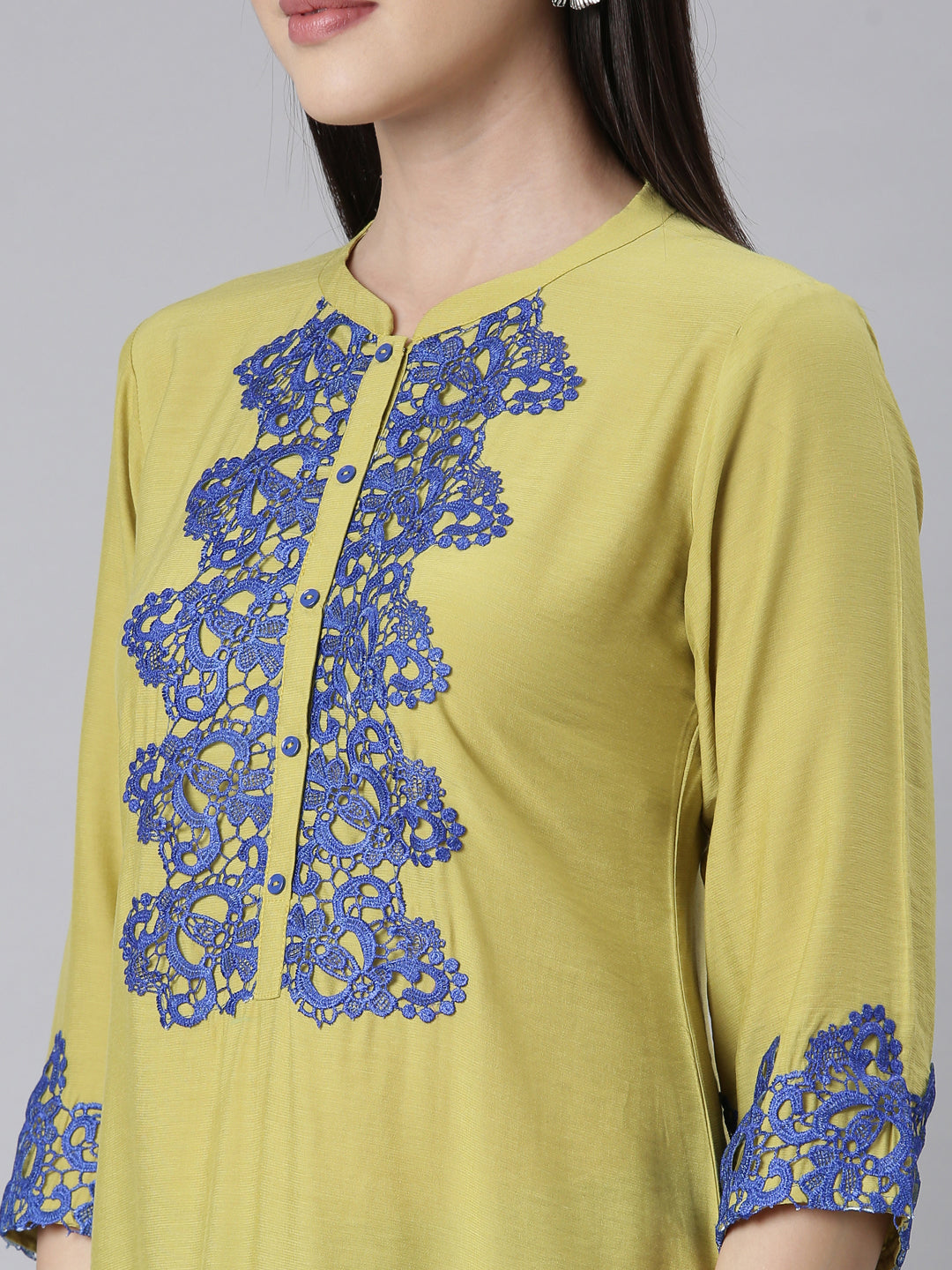 Neerus Green crepe embellished straight kurti - detail view 2
