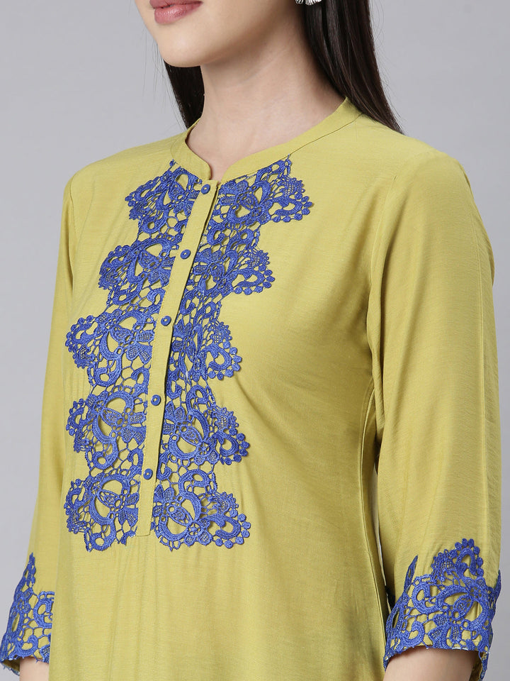 Neerus Green crepe embellished straight kurti - detail view 2
