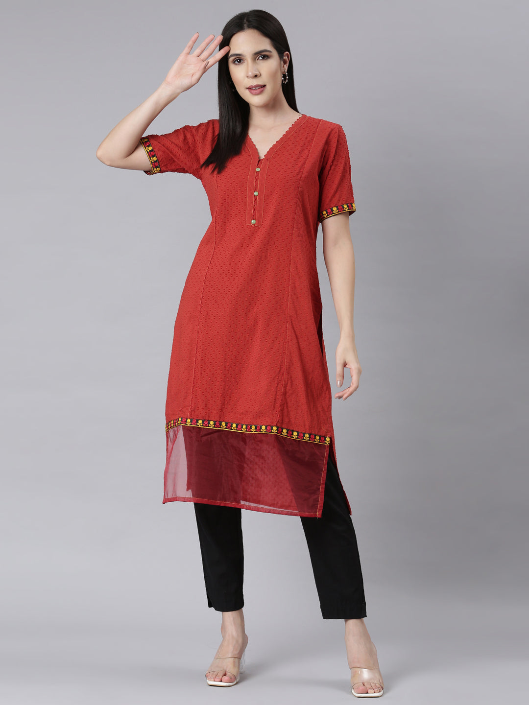 Neerus Orange cotton Bandhani printed straight kurti - detail view 1