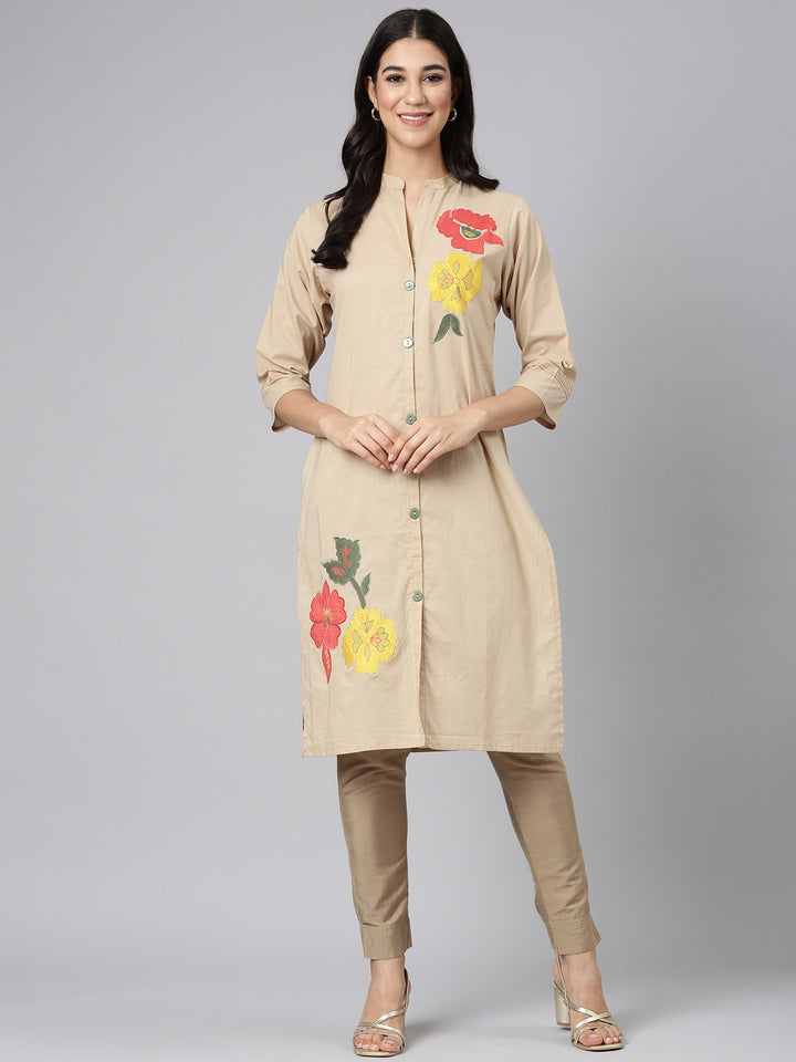 Neerus Beige Casual Solid Straight Kurtas