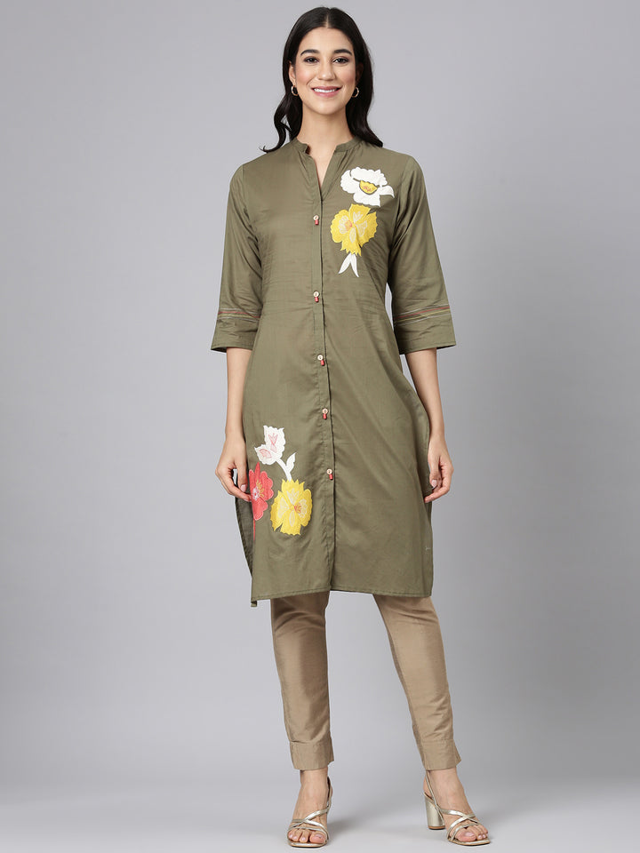 Neerus Green Casual Solid Straight Kurtas