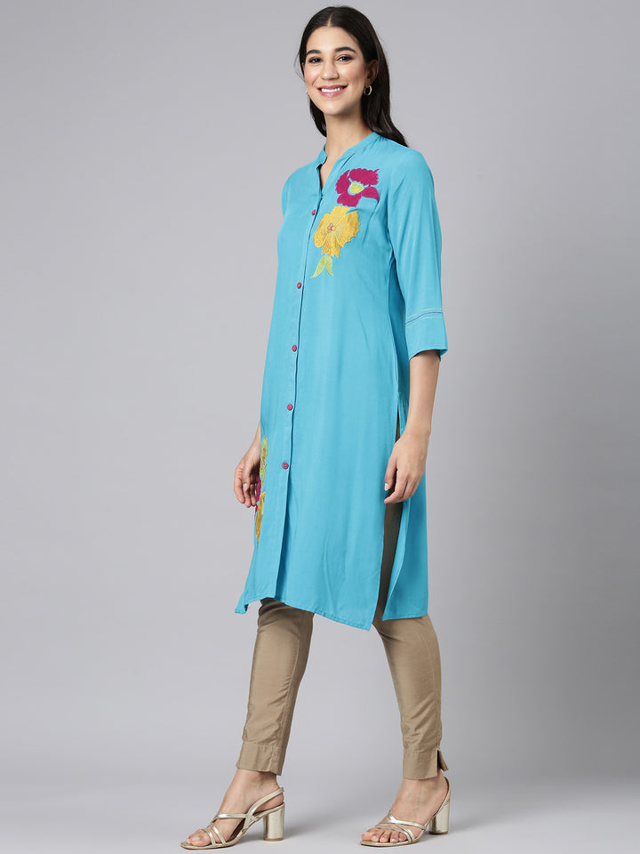 Neerus Blue Casual Solid Straight Kurtas