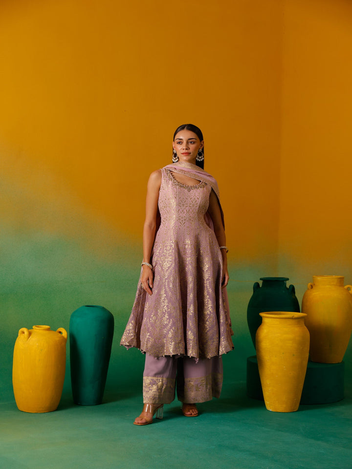 Neerus Lilac Embroidery Organza Fabric Anarkali Plazzo and Dupatta