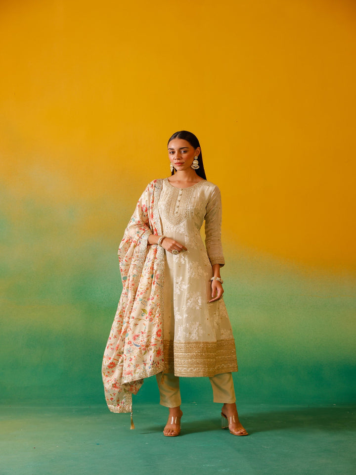 Neerus Cream Embroidery Tissue Fabric Anarkali Trouser and Dupatta