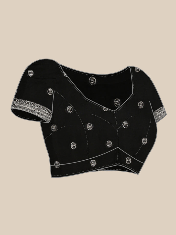 Black banaras silk saree with silver zari motifs & border