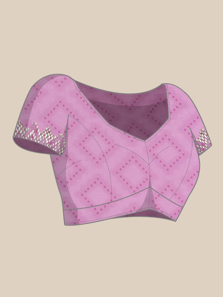 Cream & Purple Printed Satin Saree With Swarovski Embroidery