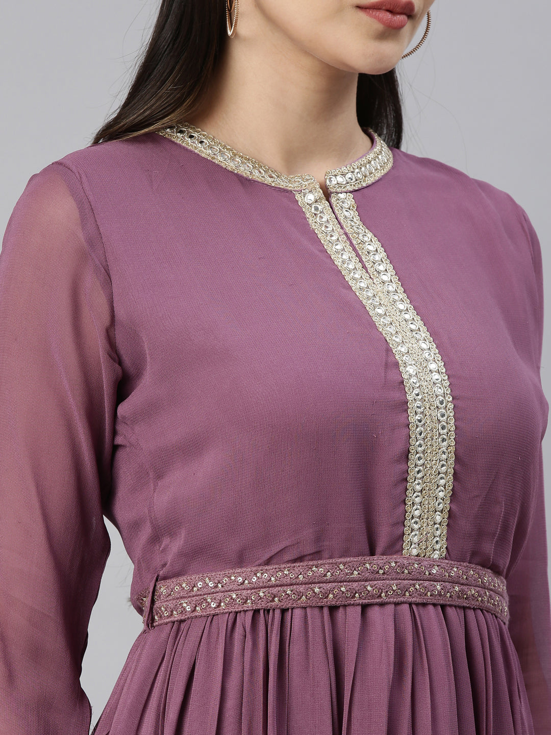 Neerus Purple Georgette Thread Embroidered Anarkali Kurta - detail view 2