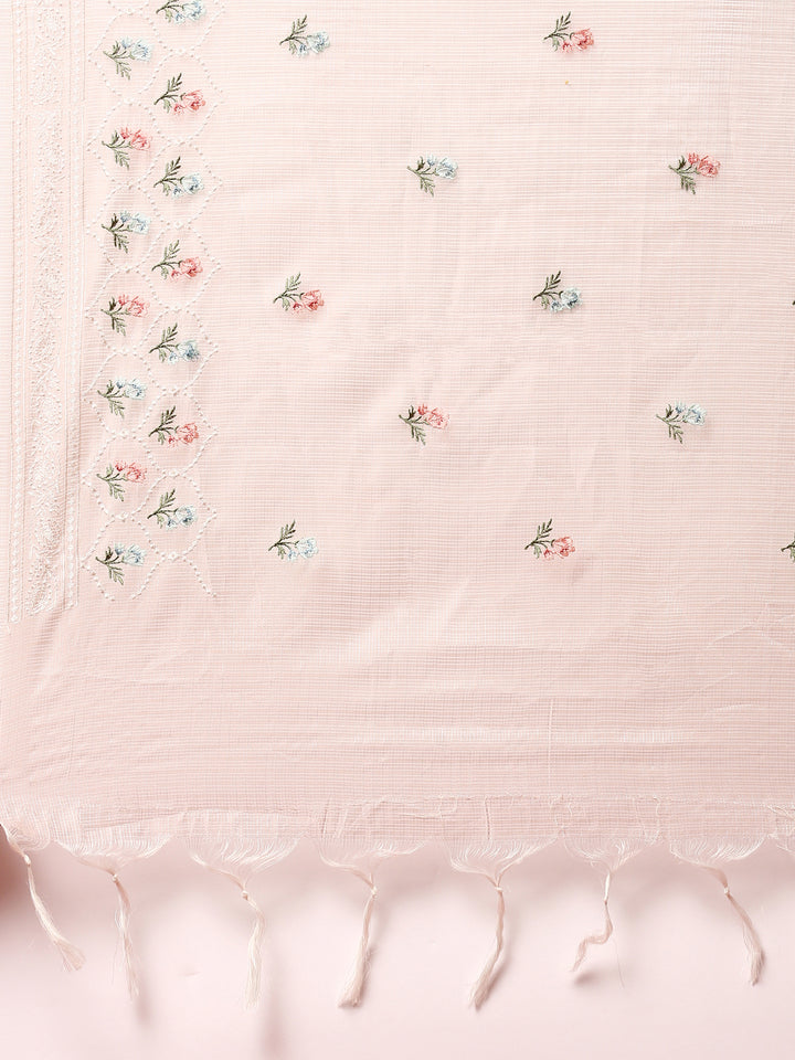 Beige chanderi thread work embroidery three piece suit set