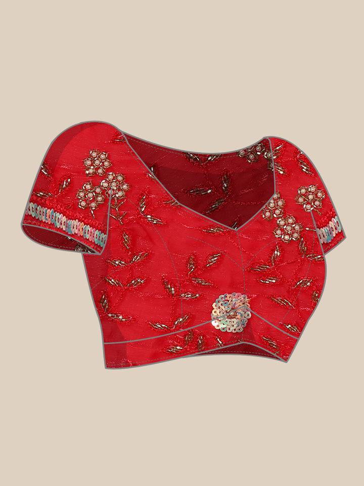 Red jimmy saree with stones and Swarovski hand embroidery